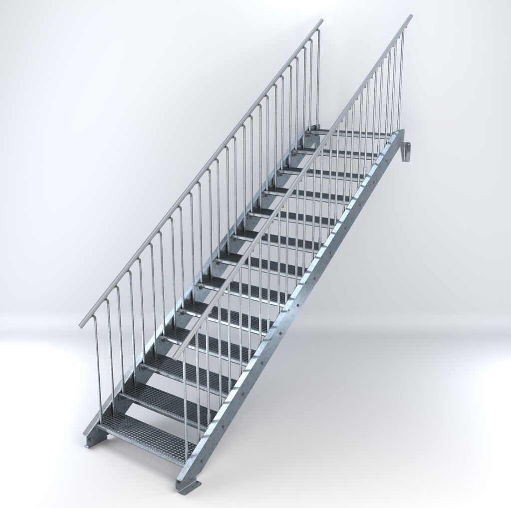 Stahltreppe 13 Stufen bis Höhe 260 cm, Laufbreite : 100 cm beidseitiges Geländer ST 1 (31 / 31 mm)