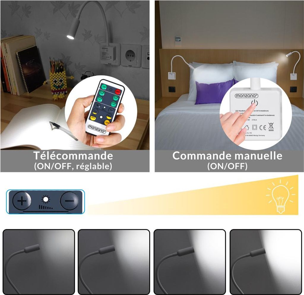 Lampe LED lampe de lecture murale Blanc prise électrique Image du produit 