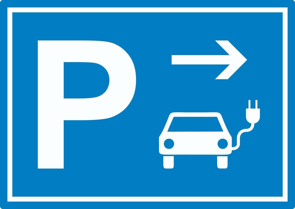 E-Auto Elektrofahrzeug Parkplatz Aufkleber mit Richtungspfeil rechts waagerecht A1 (594x841mm)