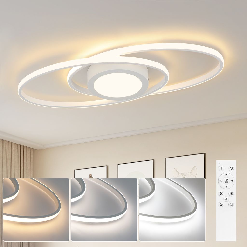 A modern LED ceiling light with multiple color temperature options shown in a collage format, alongside a remote control.