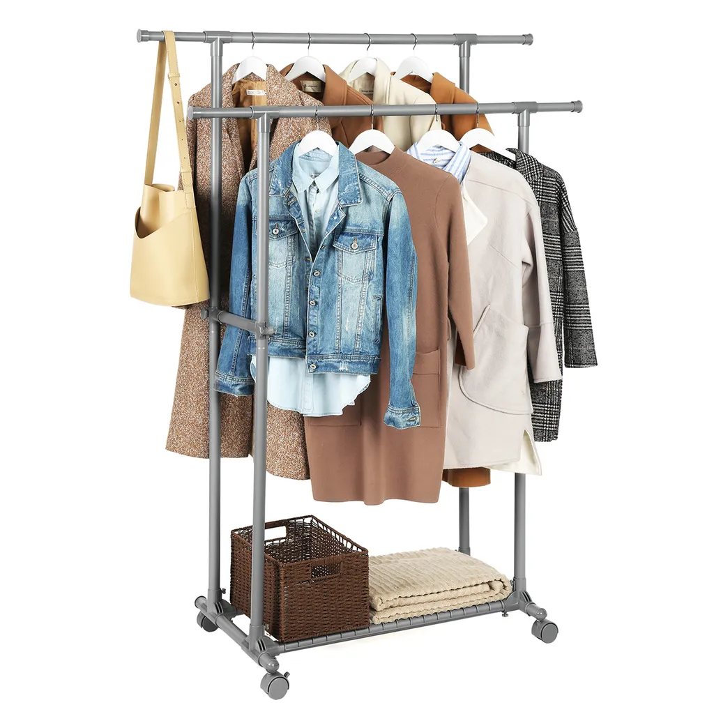 Penderie à vêtements double télescopique avec roulettes 150 cm gris acier