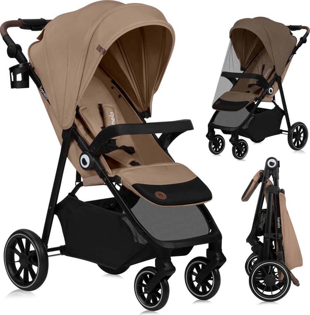 Lionelo Emma One Buggy bis zu 22 kg Schwenkbare 360 Räder Einhändig klappbar Verstellbare Rückenlehne und Fußstütze XXL-Verdeck UPF50+ Beige