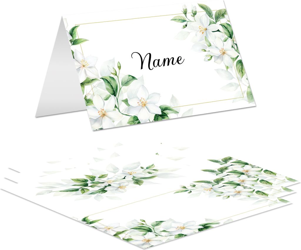 Tischkarte Namenskarte 8,5x5,5cm vorgefalzt für Hochzeit Kommunion Taufe Familienfeier Blume weiss - 20 Stück