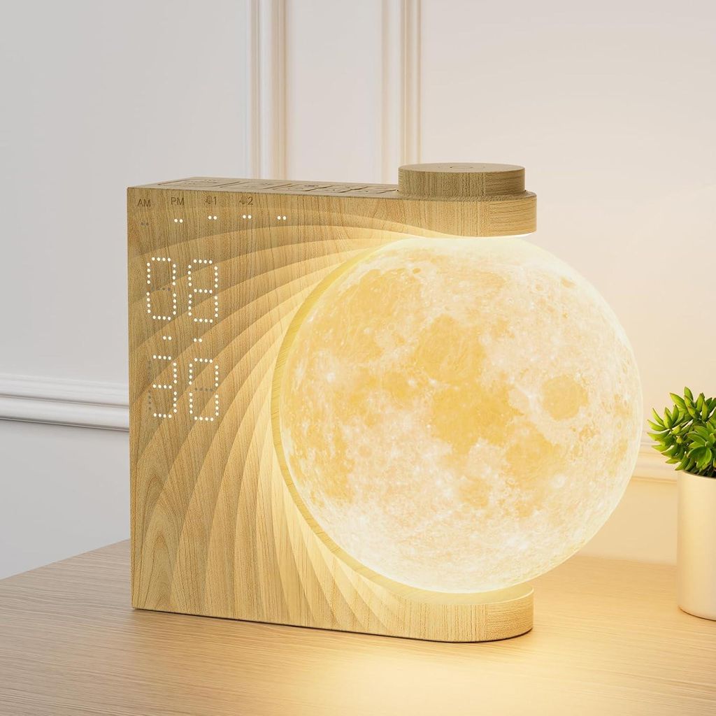 3D-Mondlampe mit automatischer Rotation, Kinderwecker mit RGB 8 Farben, Mondlicht, Tageslichtwecker mit10 natürlichen Klängen, Geschenk für Frau...