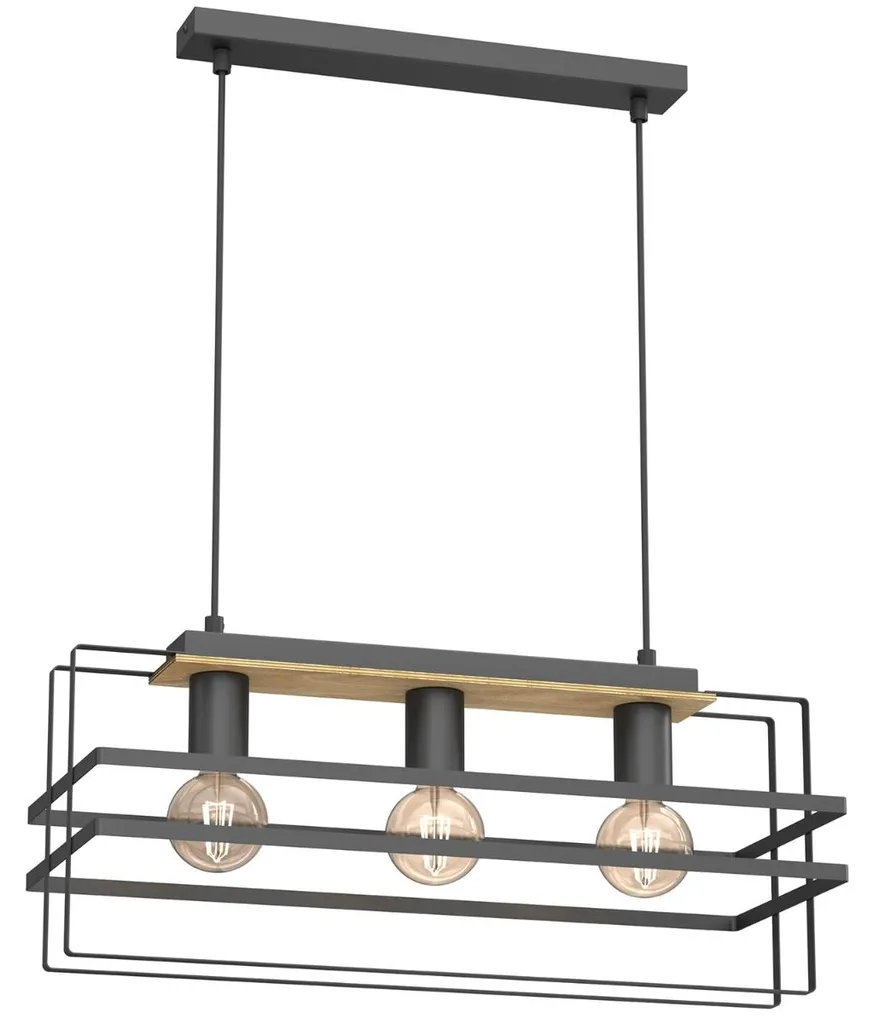Lustre Suspension 3 Lumières en Métal Noir et Bois 110cm Style Nordique