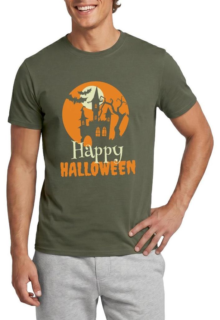 Spreadshirt Happy Halloween Spukhaus Mit Vollmond Und Fledermaus Männer T-Shirt, 4XL, Militärgrün