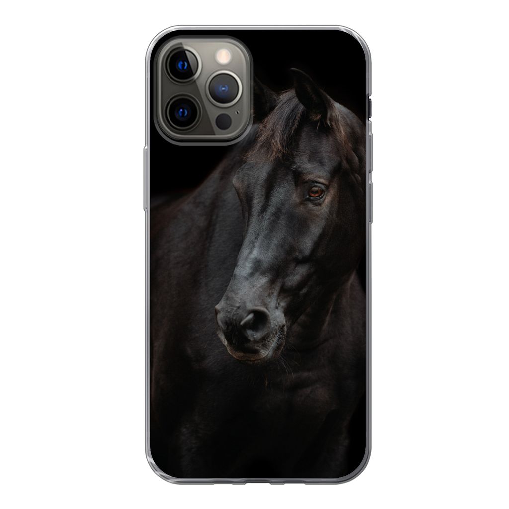 MuchoWow Handyhülle Schutzhülle Hülle für iPhone 12 Pro Pferd - Leicht - Schwarz Silikon Softcase Handy Hülle - Abdeckung