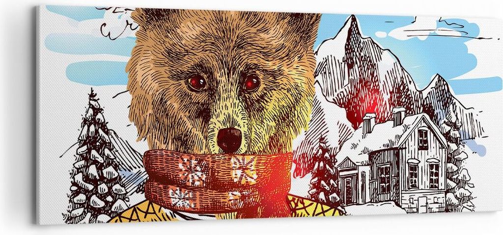 Bild auf Leinwand - Leinwandbild - Bär Berge Kinder Winter - 100x40cm - Wand Bild - Wanddeko - Leinwanddruck - Bilder - Kunstdruck - Wanddekoratio...