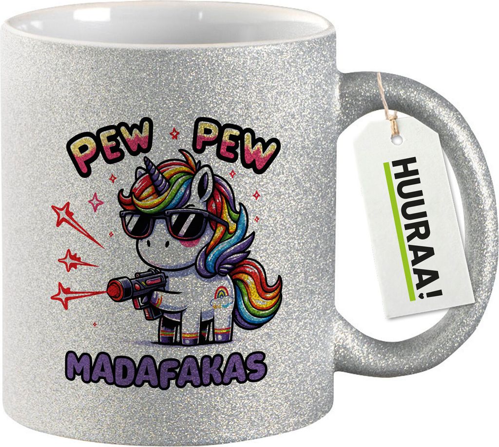 Huuraa Glitzertasse Pew Pew cooles Einhorn 330ml Silber Keramik Kaffeebecher Geschenkidee