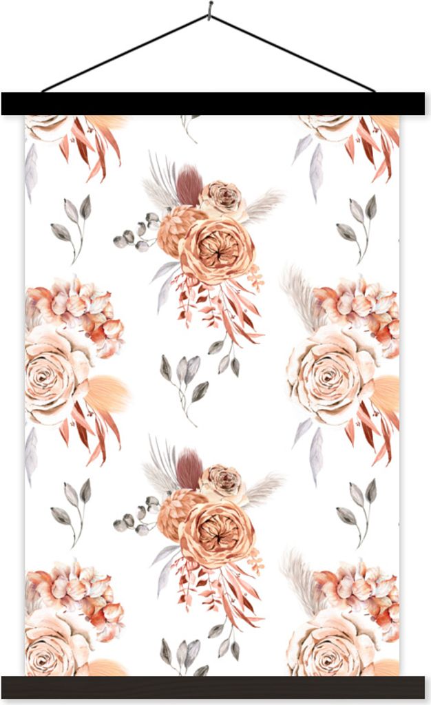 MuchoWow Textilposter Rosen - Blätter - Weiß - Muster 40x60 cm mit schwarzem Rahmen - Wanddekorationen