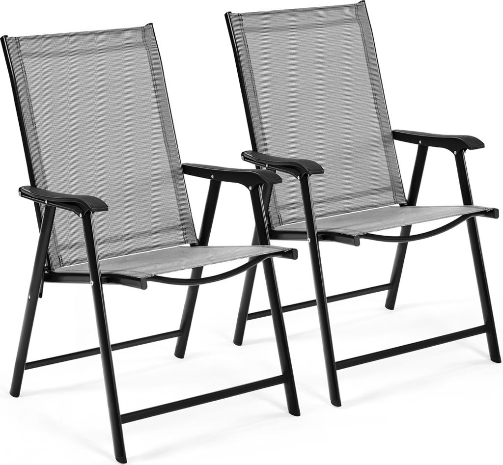 Two gray folding chairs with black frames are shown against a white background.