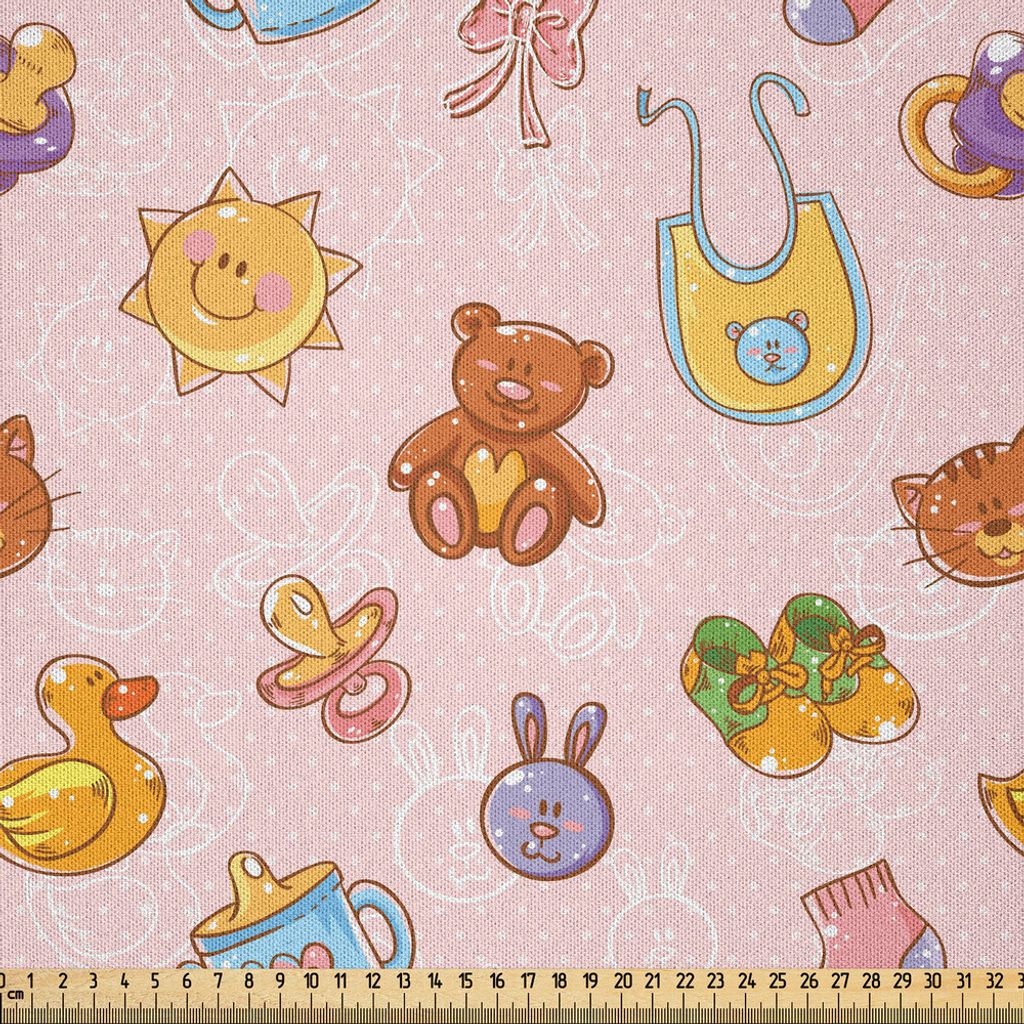 ABAKUHAUS Baby Microfaser Stoff als Meterware , Säuglingsspielzeug-Teddybär-Gummiente-Friedensstifter mit Schuhen und Socken kritzeln Hintergrund...