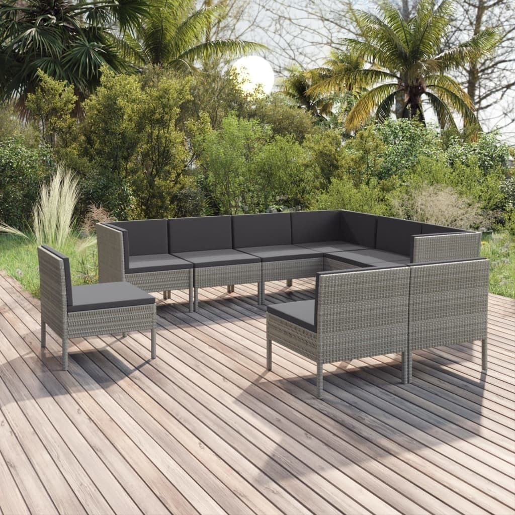 The Living Store 9-tlg. Garten-Lounge-Set mit Auflagen Poly Rattan Grau