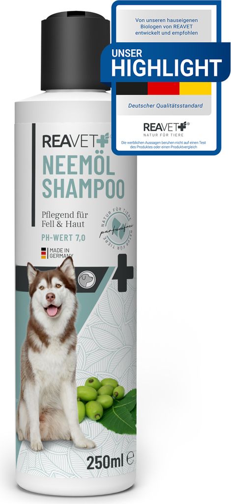 REAVET Neemöl Shampoo für Hunde 250ml - Hundeshampoo gegen Juckreiz, Milben, Flöhe, Zecken, Hautfreundlich, Pflegend & leicht kämmbar, Fellpfle...