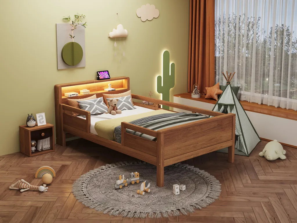 Lit Simple 90x200 cm Multifonctions en Pin Naturel avec LED et USB - 15