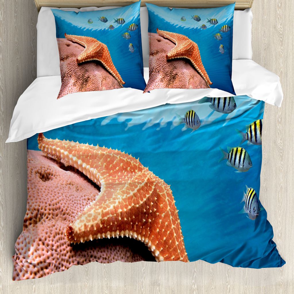 ABAKUHAUS Seestern Bettbezug, Coral Sea Fishes, Milbensicher Allergiker geeignet mit Kissenbezügen, 200 cm x 200 cm - 80 x 80 cm, Mehrfarbig