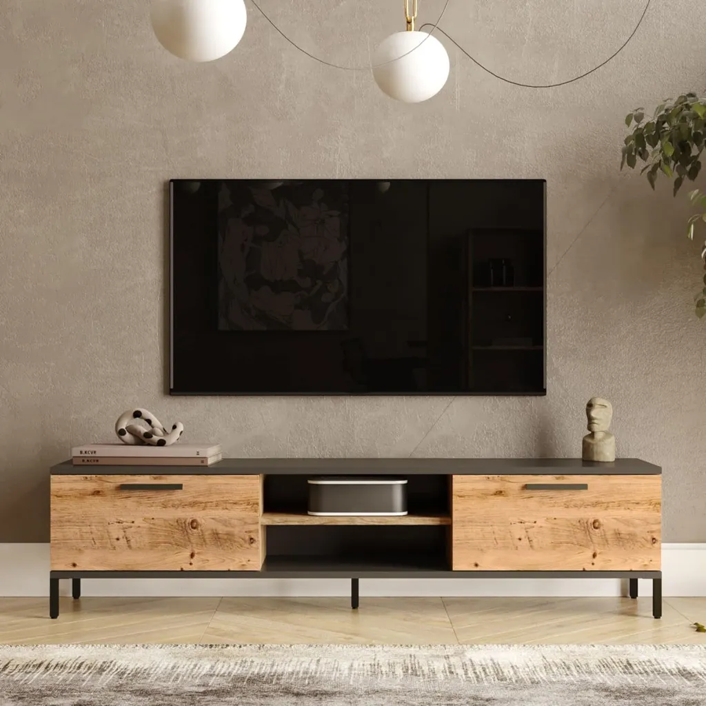 Meuble TV Lempäälä Robuste 160cm - Finition Chêne et Gris Anthracite