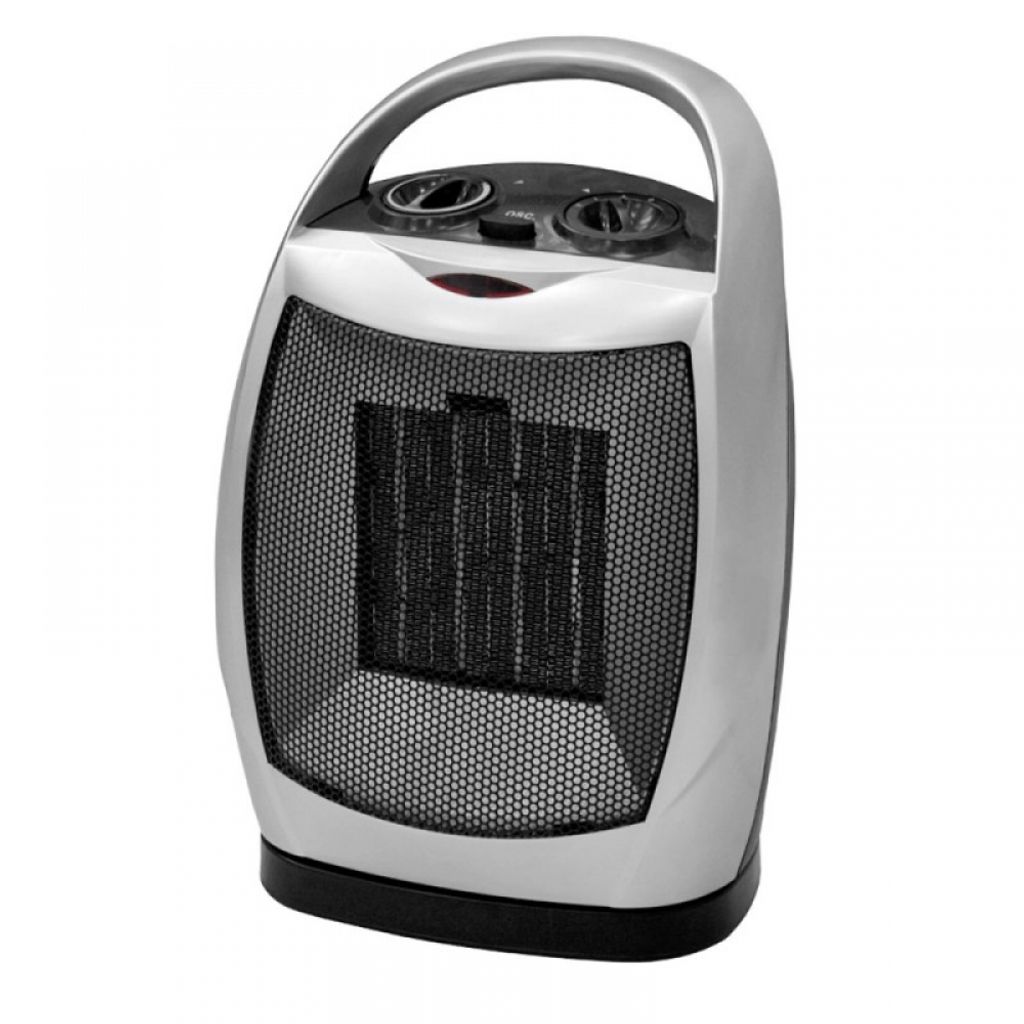 A white and gray electric heater with a black base and grille.