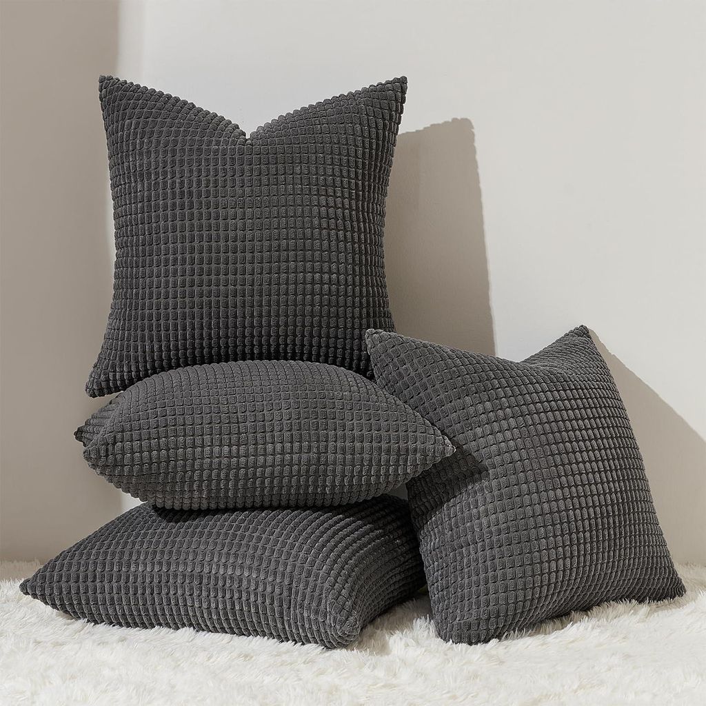 Set mit 4 Kissenbezügen, 40 x 40 cm, dunkelgrau-anthrazitfarbener Cord mit genarbter Struktur, Dekokissen, Sofakissen, Sitzkissen für Sofa, Schla...