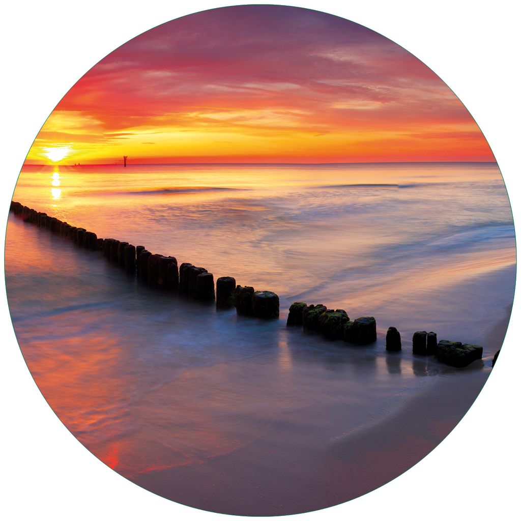 Wallario Premium Glasbild, freischwebende Optik, kräftige Farben, rund 50cm Durchmesser, Motiv Farbenspiel im Himmel - Sonnenuntergang am Strand