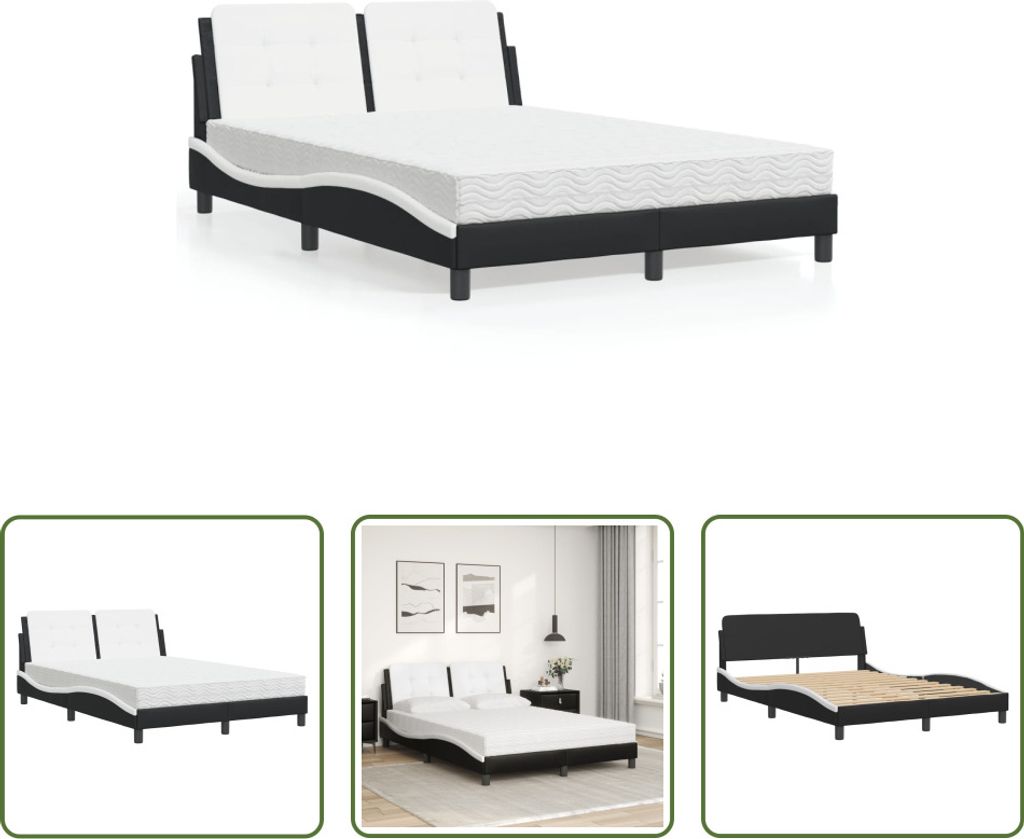 The Living Store Bett mit Matratze Schwarz und Weiß 140x190 cm Kunstleder