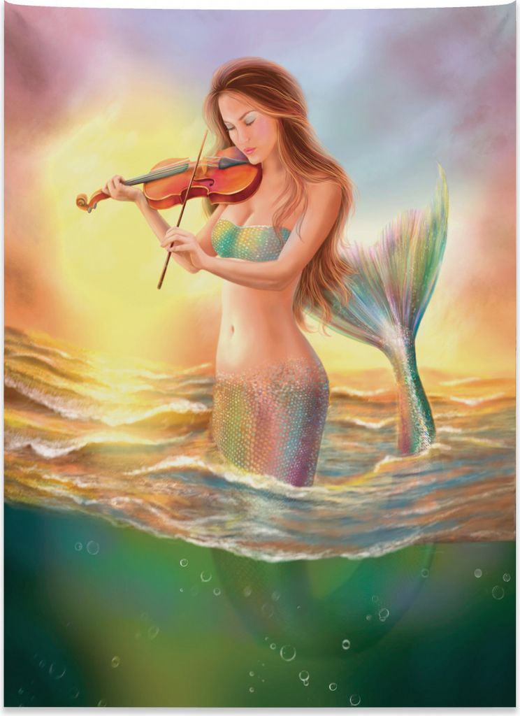 Abakuhaus Sonnenuntergang Wandteppich, Meerjungfrau spielt Violine aus Weiches Mikrofaser Stoff Kein Verblassen Klare Farben Waschbar, 110 x 150 cm...