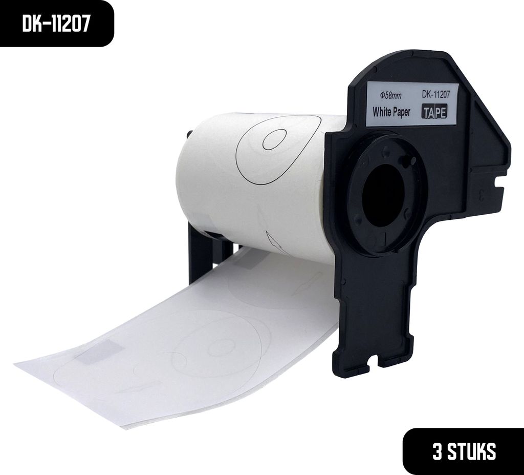 DULA Brother Compatible DK-11207 - Voorgestanst cd/dvd label - 3 rollen - Diameter 58 mm - 100 labels per rol - Zwart op wit - Papier