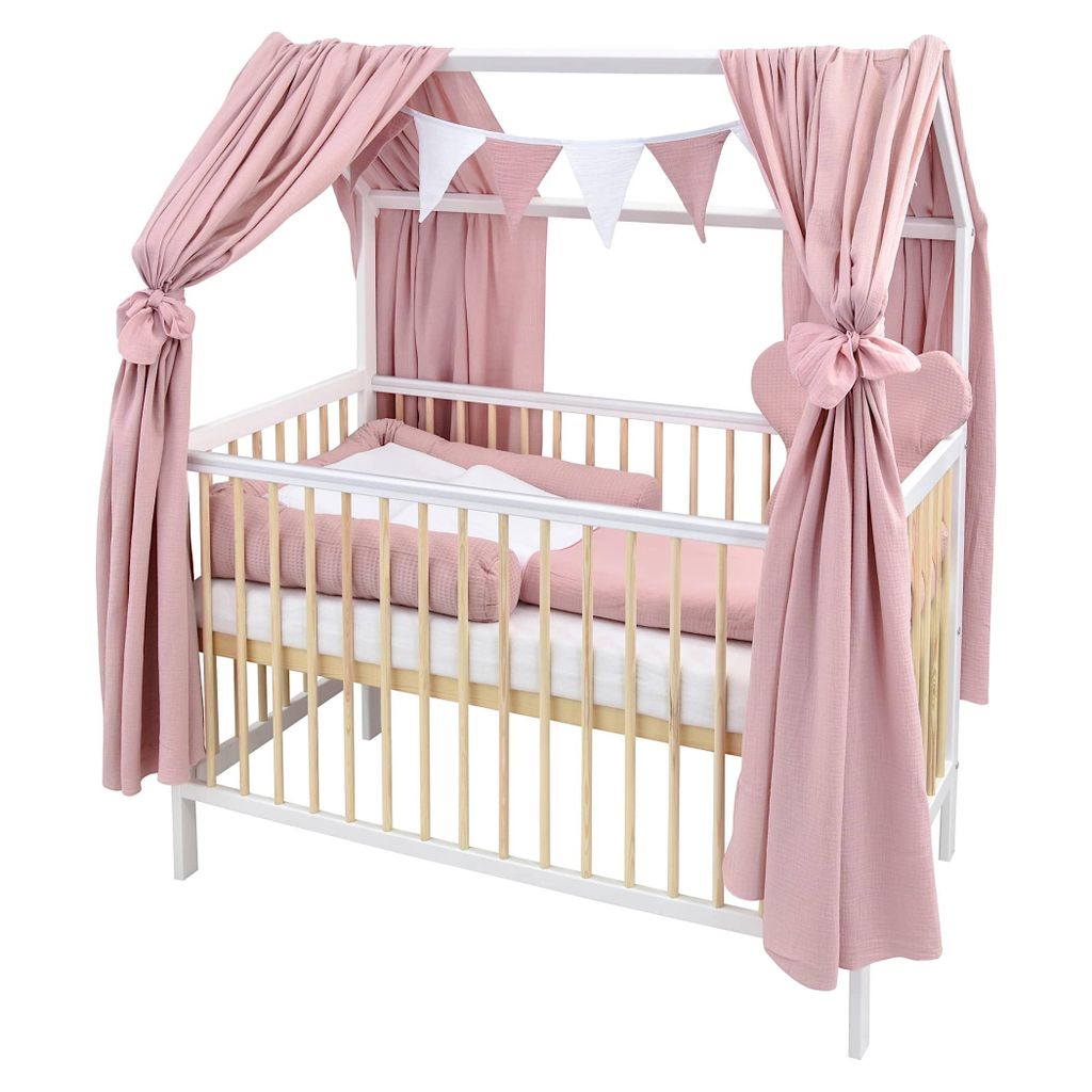 Baby-Delux Hausbett Kinderbett Gitterbett Weiß Natur 60x120 Beißschienen Schutzgitter Matratze Bett Set Waffelpique Musselin Rosa Musselin Himmel