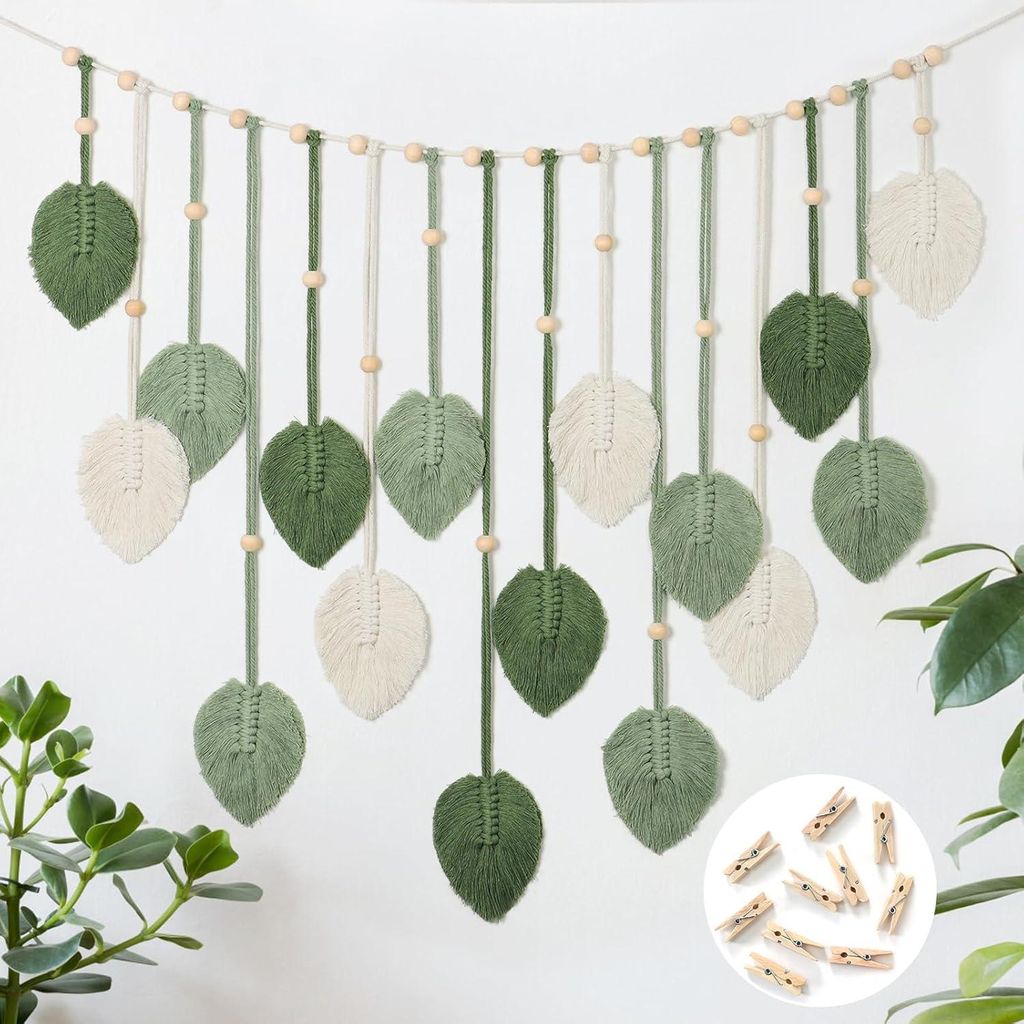 Boho Dekoration Wandteppich - großes Wandtuch mit Makramee-Blättern für Schlafzimmer, Wohnzimmer und Kinderzimmer (grün)