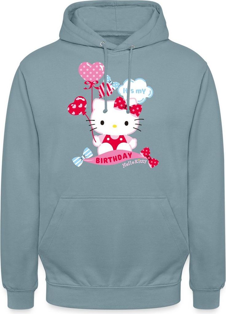Spreadshirt Hello Kitty Mit Ballons Mein Geburtstag Uni Hoodie, S, Nebelblau