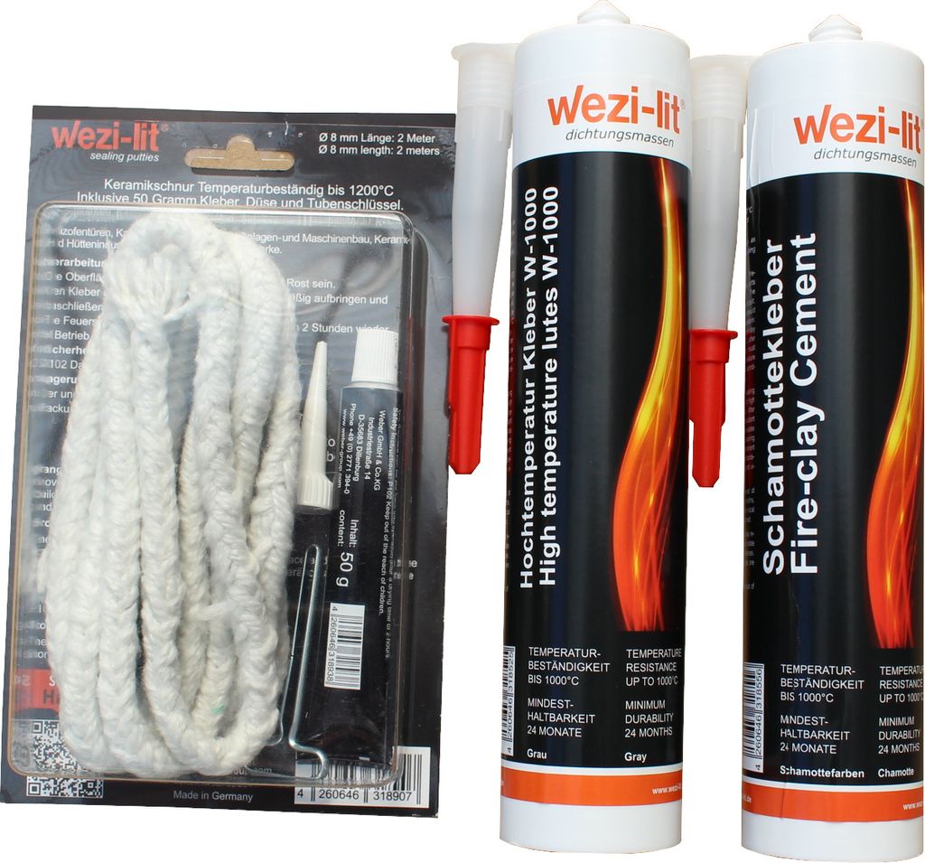 Ofenschnur Ø 6mm 2m + Schnurkleber + Dichtmasse W-1000 hitzebeständig bis 1000° + Schamottkleber 1000°