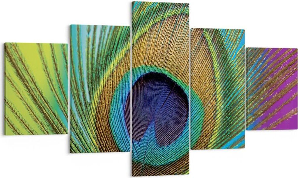 Bild auf Leinwand - Leinwandbild - 5 Teile - Pfauen Federn Regenbogen - 125x70cm - Wand Bild - Wanddeko - Wandbilder - Leinwanddruck - Bilder - Wan...