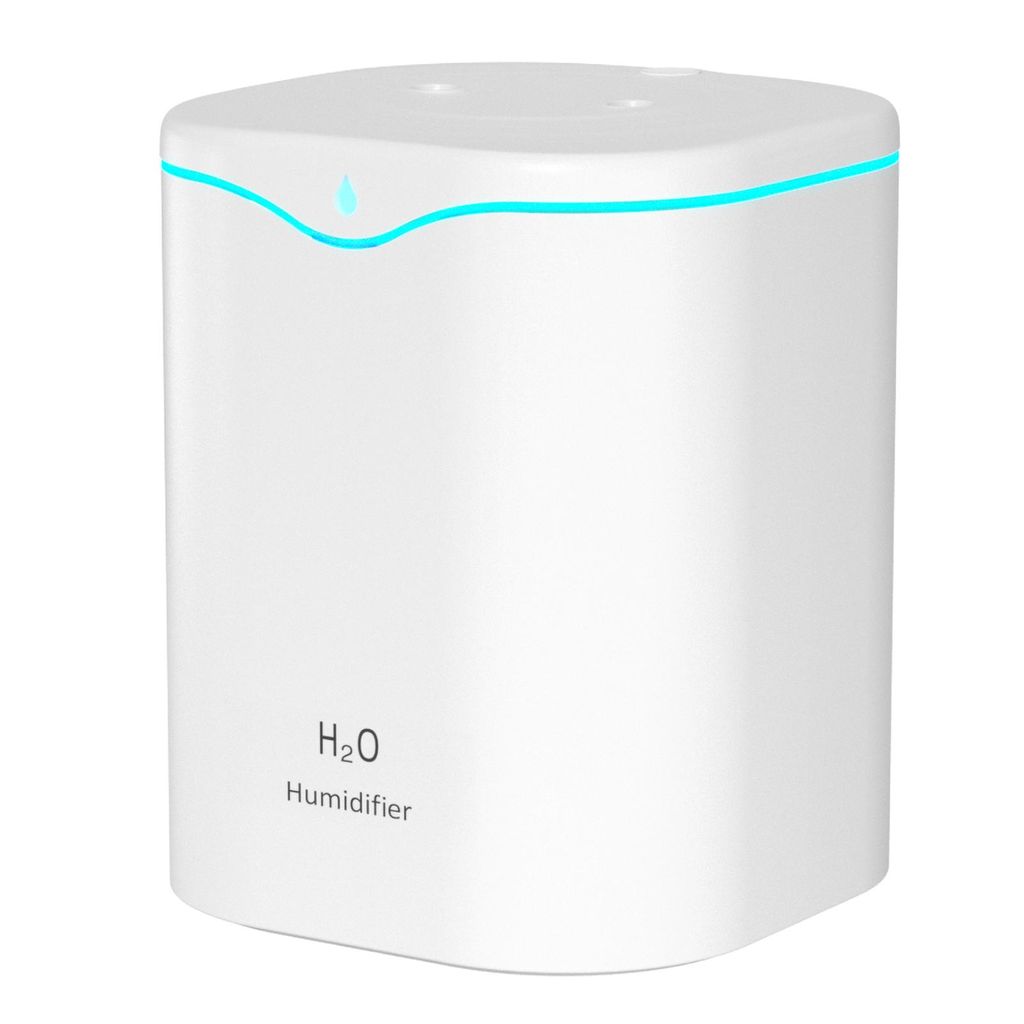 A white humidifier with a blue light strip around the top and a blue water drop icon.