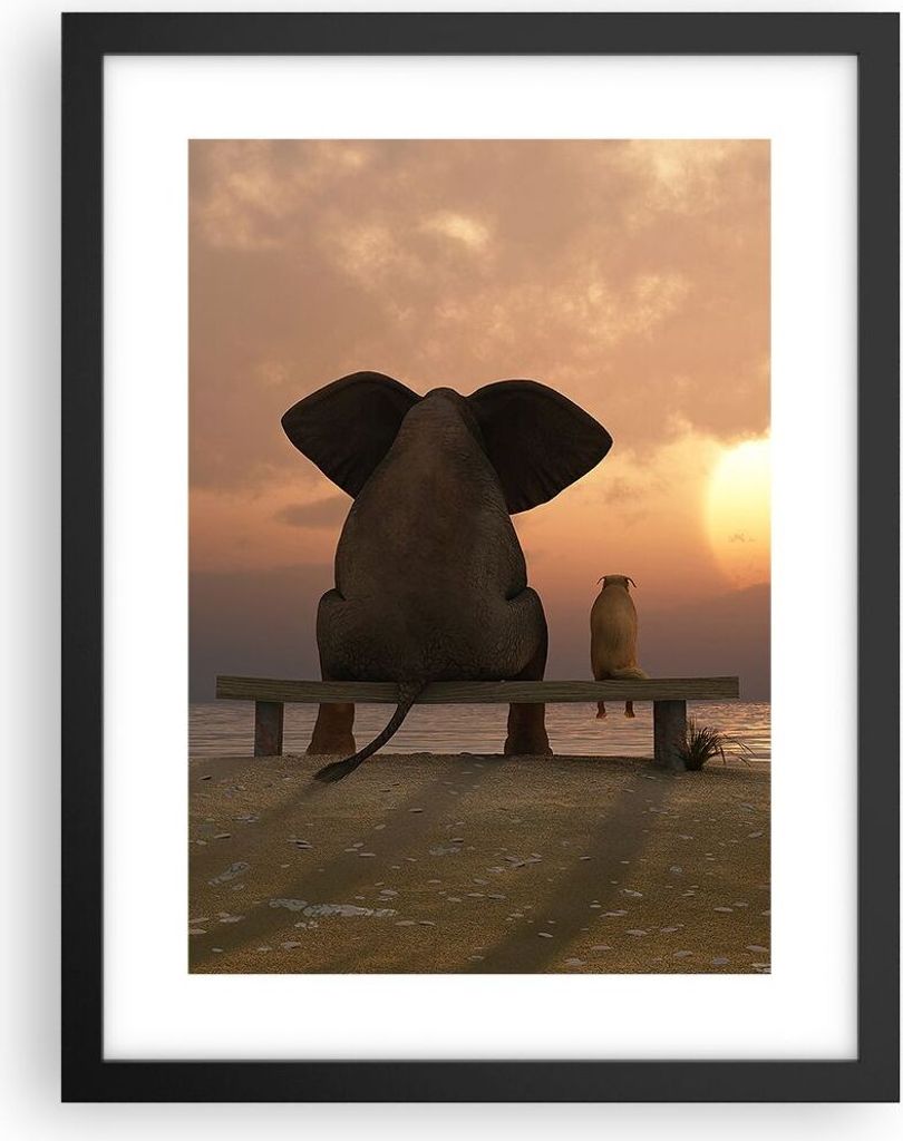Gerahmtes Poster - Schwarzer Rahmen - Elefant Ufer Meer - 30x40 cm - Wand Bild - Wanddeko - Wandbilder - Kunstposter - Wandposter - Bilderrahmen - ...
