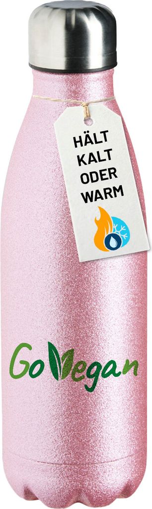Huuraa Trinkflasche Go Vegan Blätter 500ml Pink Edelstahl Wasserflasche Trinkflasche Geschenkidee