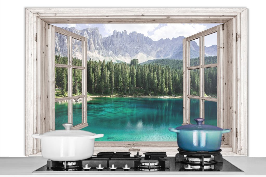 KitchenYeah Spritzschutz Küche - Küchenrückwand - Wandschutz für Herd und Spüle - Aussicht - Berg - Wasser 120x80 - Alu-Dibond (Alternative ...