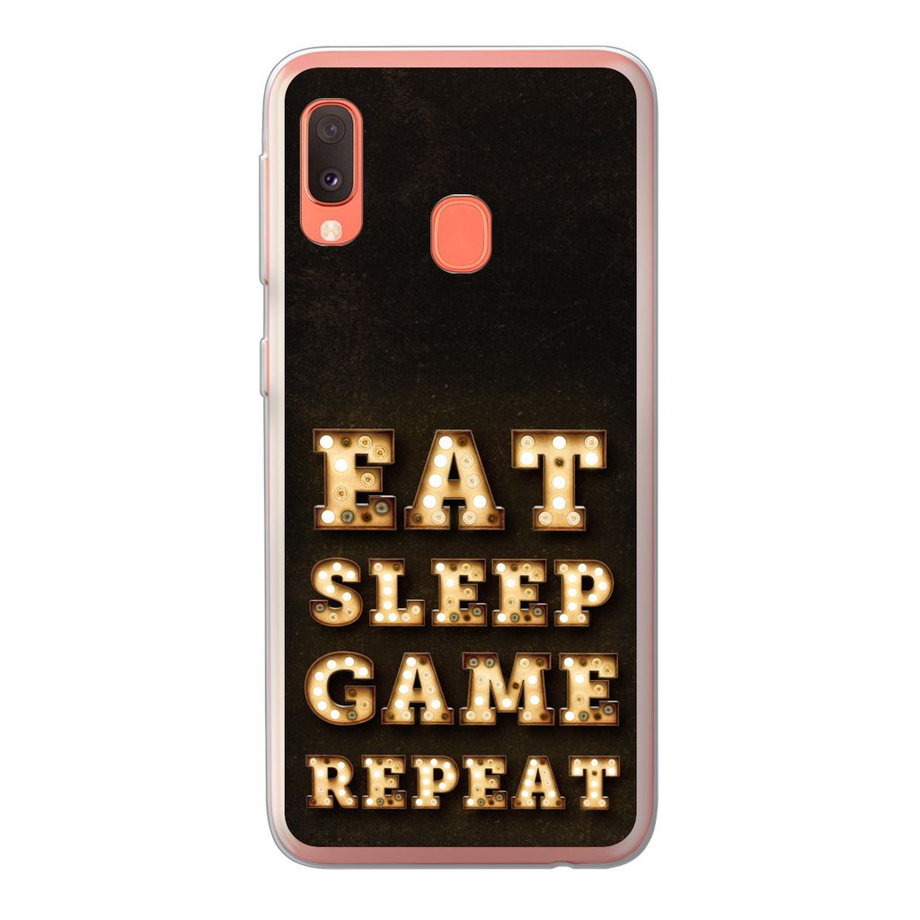 MuchoWow Handyhülle Schutzhülle Hülle für Samsung Galaxy A20e Spiele - Spiele - Zitate - Sprichwörter - Eat sleep game repeat Silikon Softca...