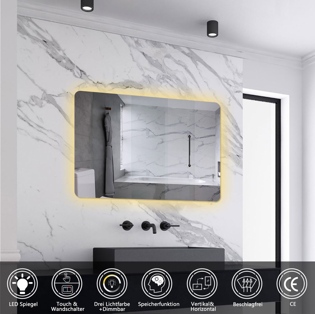 AICA LED Badspiegel 60x40cm Wand/Touchschalter Anti-Beschlag 3 Lichfarbe+Dimmbar Badezimmerspiegel mit Beleuchtung Lichtspiegel IP44
