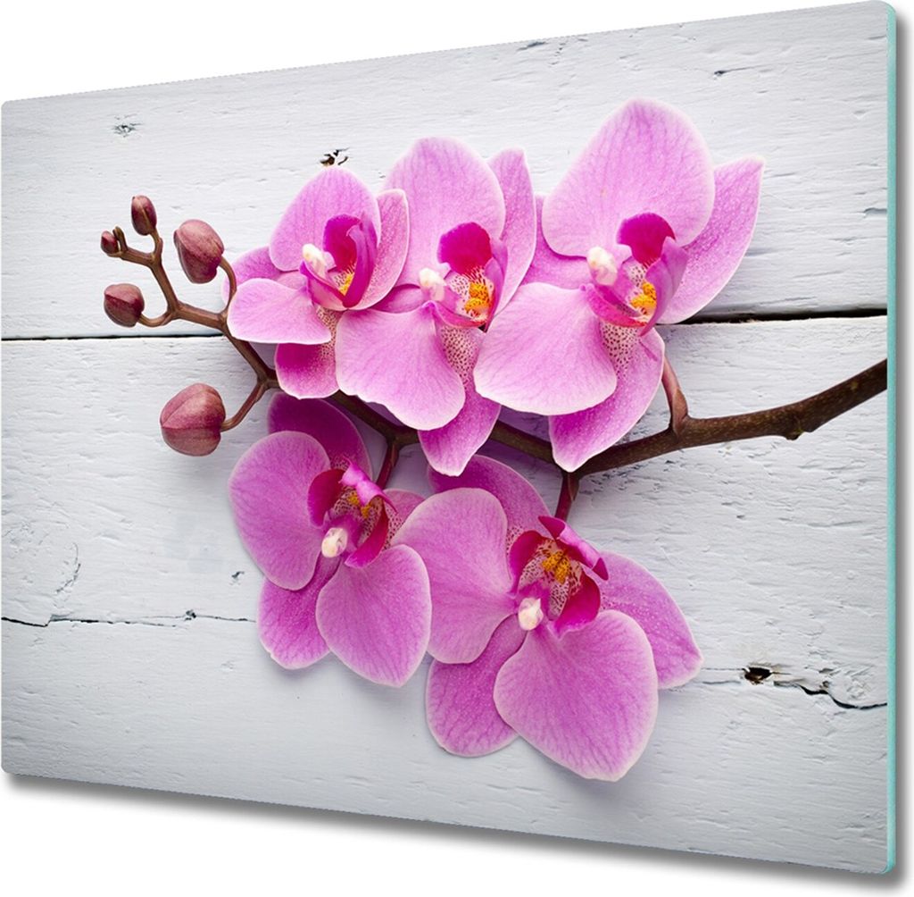 Glas Herdabdeckplatte 60x52 cm Spritzschutz Glasabdeckplatte Schneidebrett Orchidee auf Holz