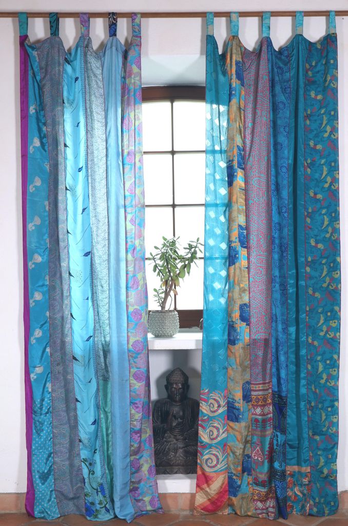Seidiger Vorhang (1 Stk.) Gardine aus Patchwork Sareestoff, Unikat - Türkis/bunt, Polyester, 250*100*0,2 cm, Dekovorhänge