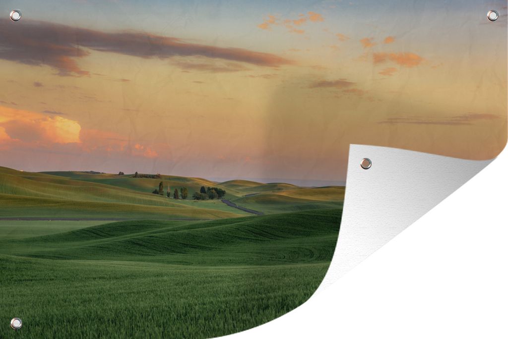 MuchoWow 60x40 cm Outdoor-Poster Gartendeko Sichtschutz Garten Poster für den Garten Sonnenuntergang über Weizenfeldern und Bauernhof