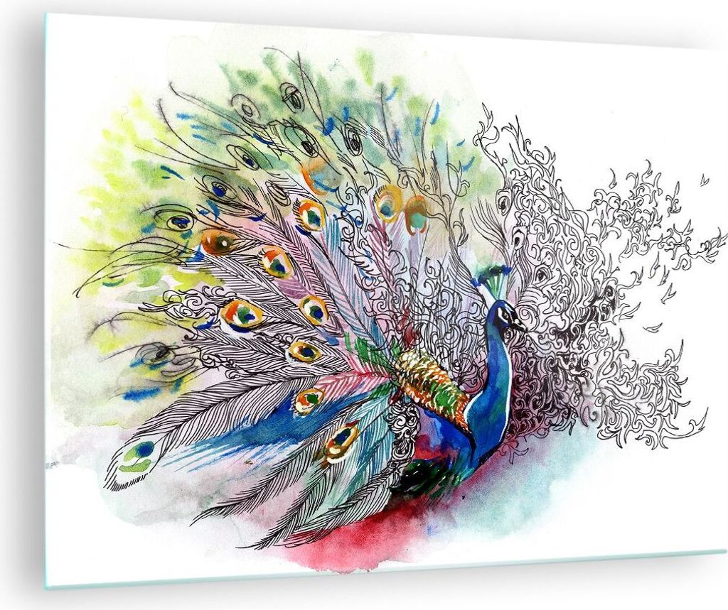 Bilder auf glas - Pfau Feder Farbe - 70x50cm - Glasbilder - Wandbilder - Kunstdruck - zum Aufhängen bereit - Wanddekoration aus Glas - Glas Bilder...