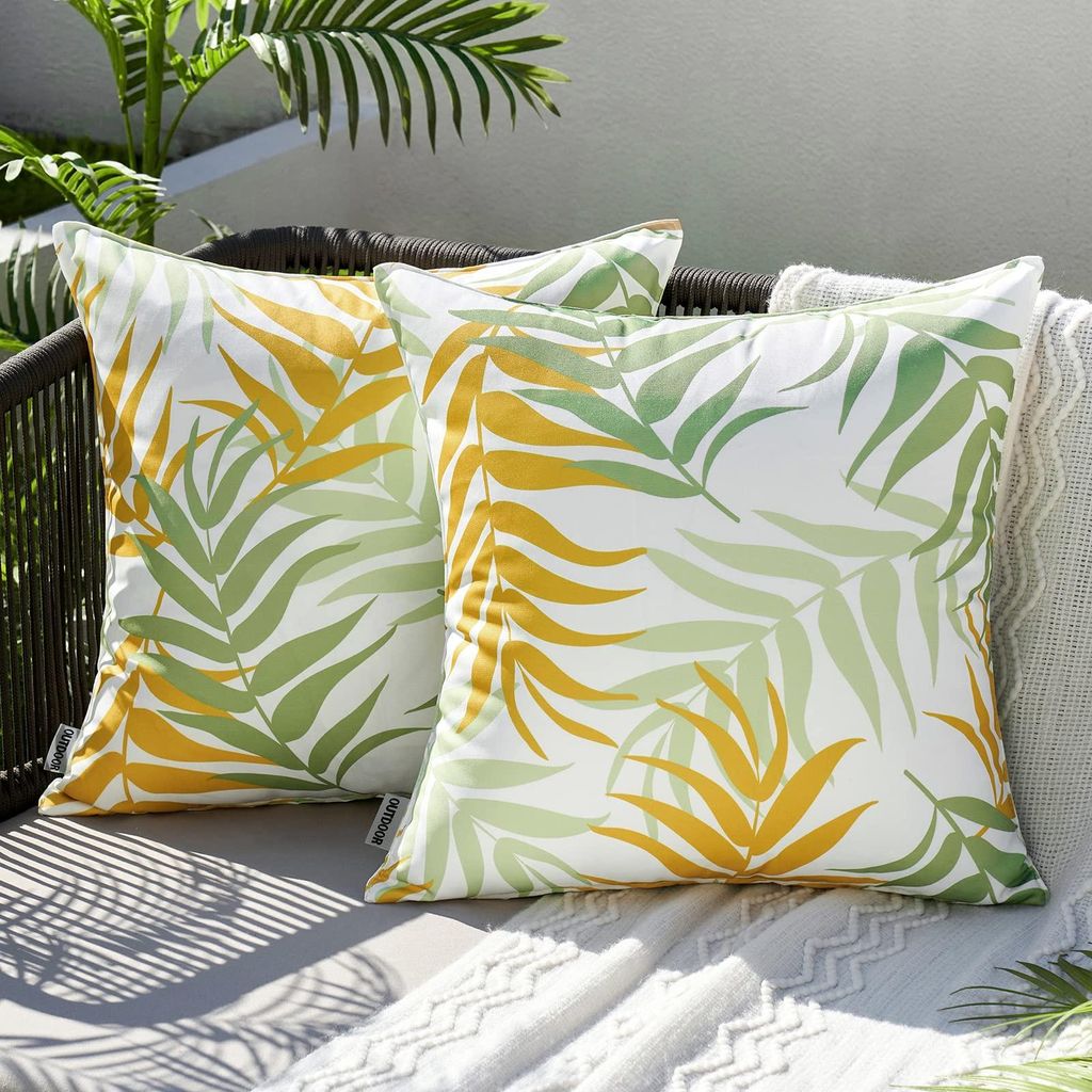 Set mit 2 wasserdichten Kissenbezügen mit Blattmotiv, 45 x 45 cm, gelbgrün