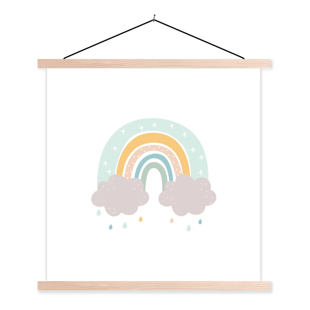 MuchoWow Textilposter Regenbogen - Wolken - Regen - Kinder - Pastell 120x120 cm mit holzfarbenen Rahmen - Textil-Poster