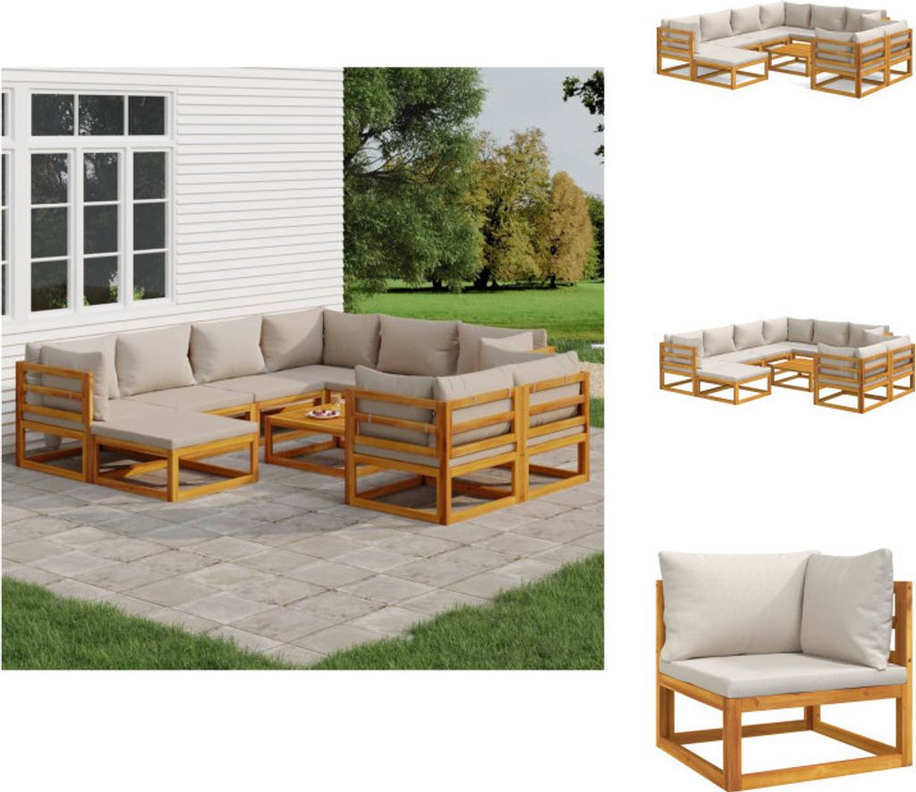 vidaXL 10-tlg. Garten-Lounge-Set mit Hellgrauen Kissen Massivholz - Gartenmöbel-Sets