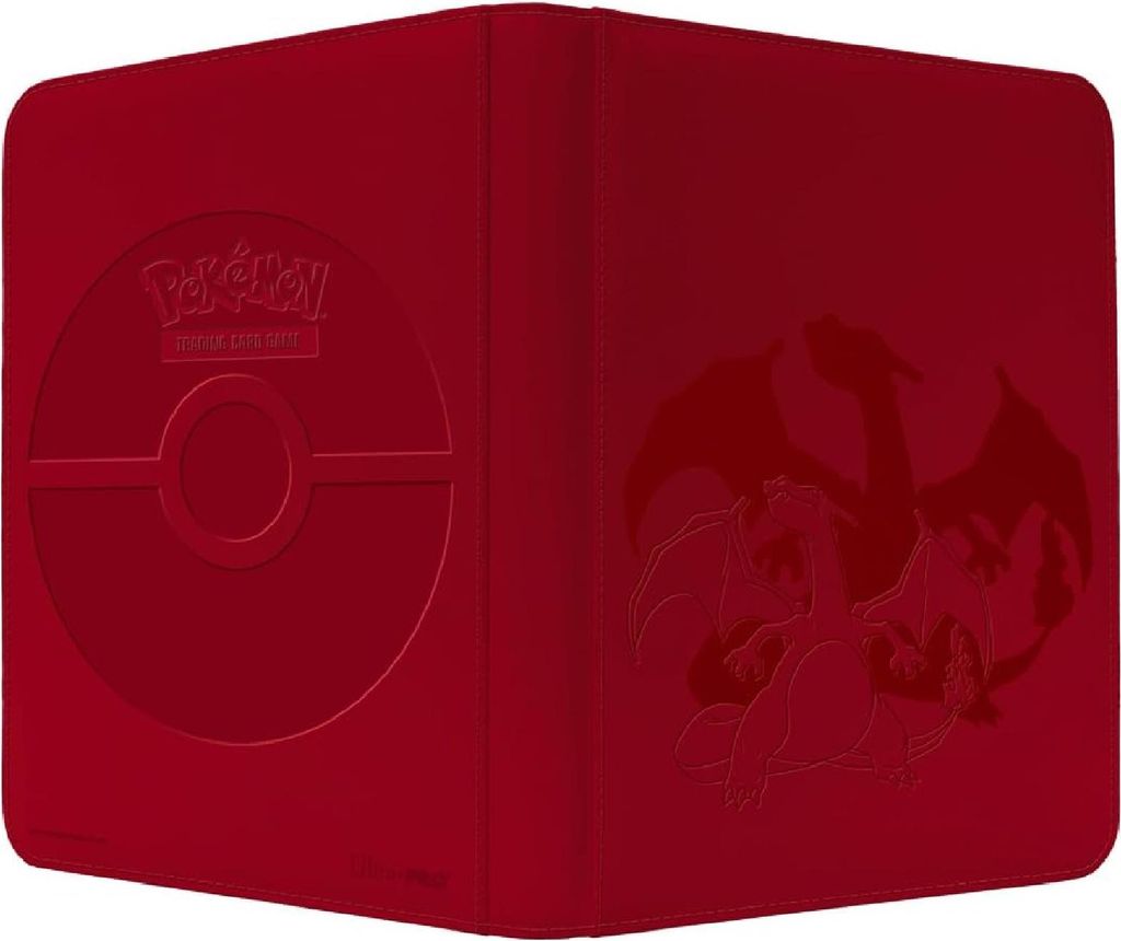 A red Pokemon binder with Charizard embossed on the front.