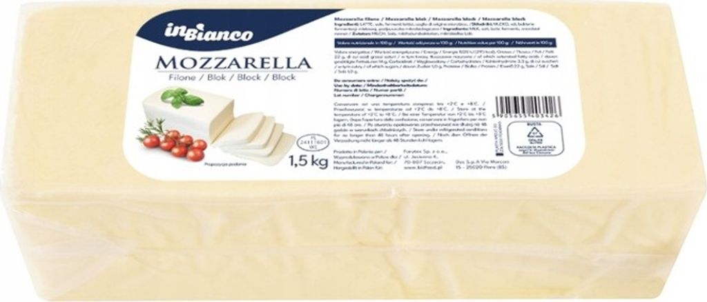A block of mozzarella cheese with a label and some decorative elements.