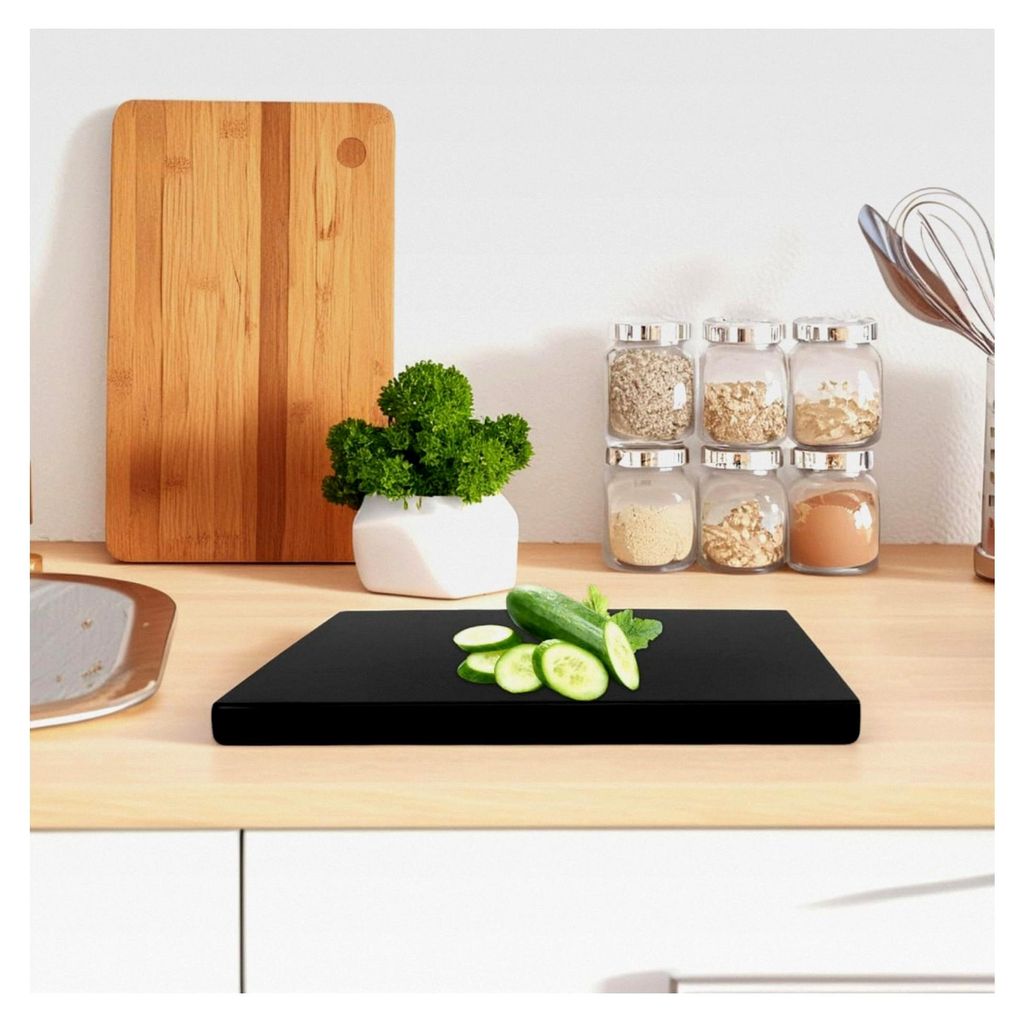 Rutschfestes schwarzes Schneidebrett mit Anschlagkante - Großes Küchenbrett für Gemüse, Obst und Fertiggerichte