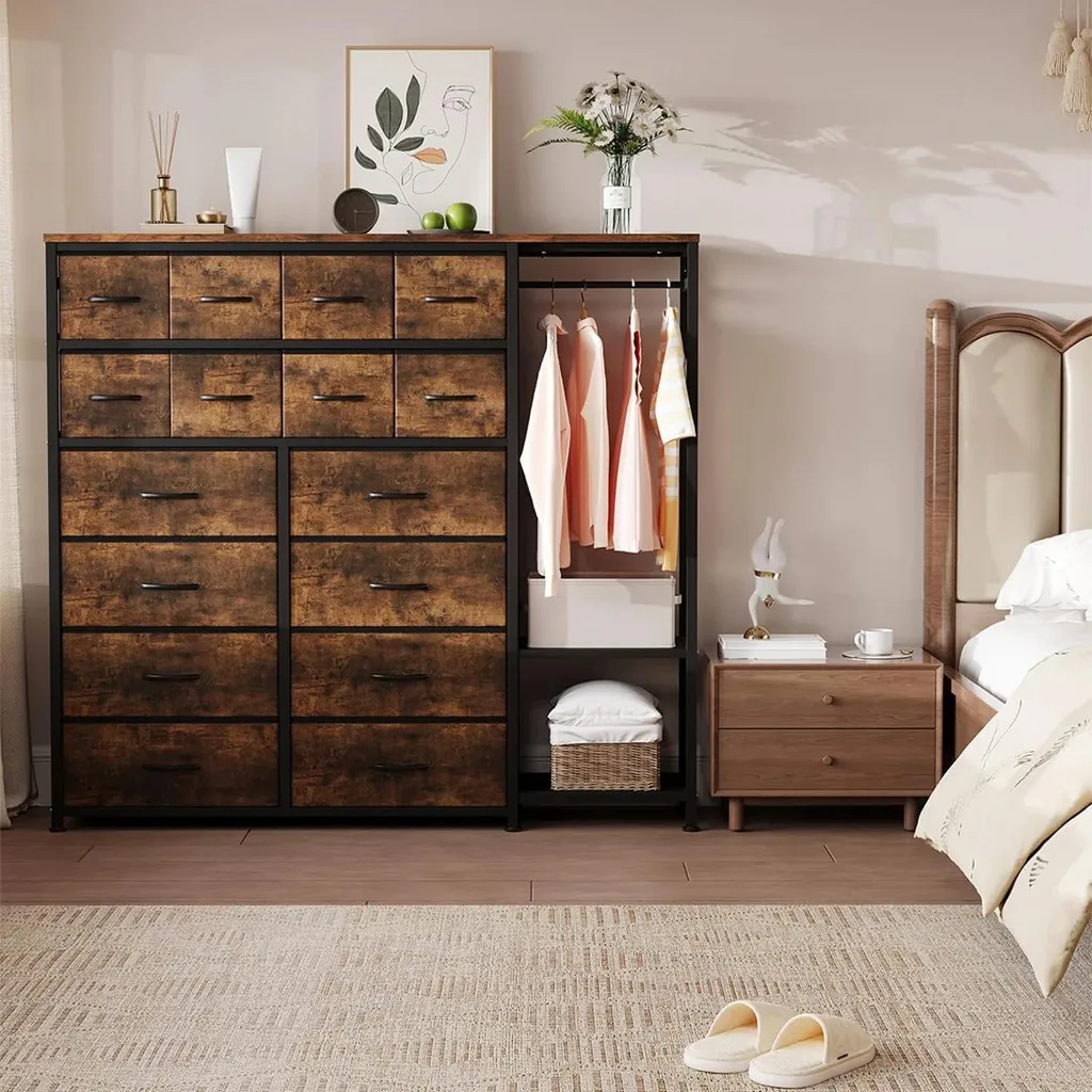 Commode 16 tiroirs avec penderie et structure métal marron robuste - 7