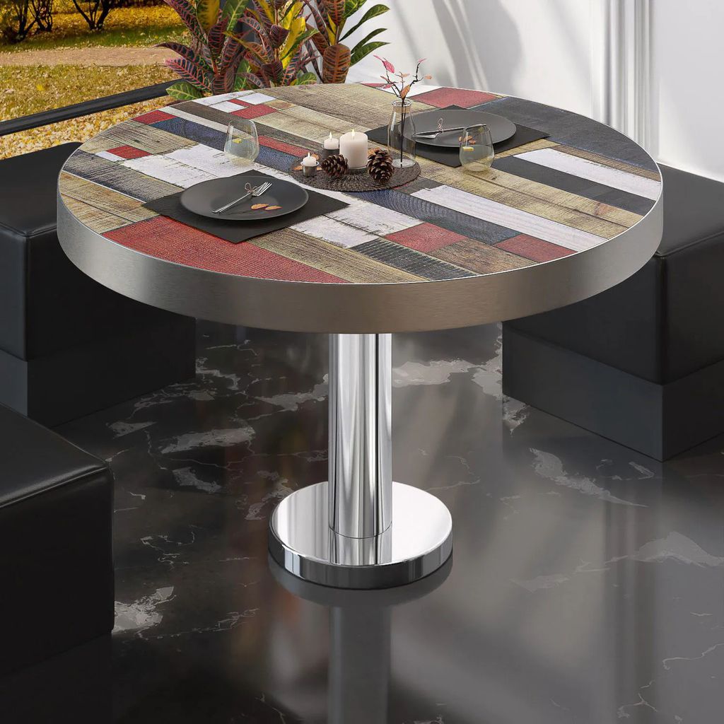 BML | Bistro Loungetisch | Ø:H 50 x 41 cm | Vintage Bunt / Edelstahl | Bistro Loungetisch Gastro Tisch